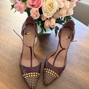 Gucci Brown and Gold Studded Heels